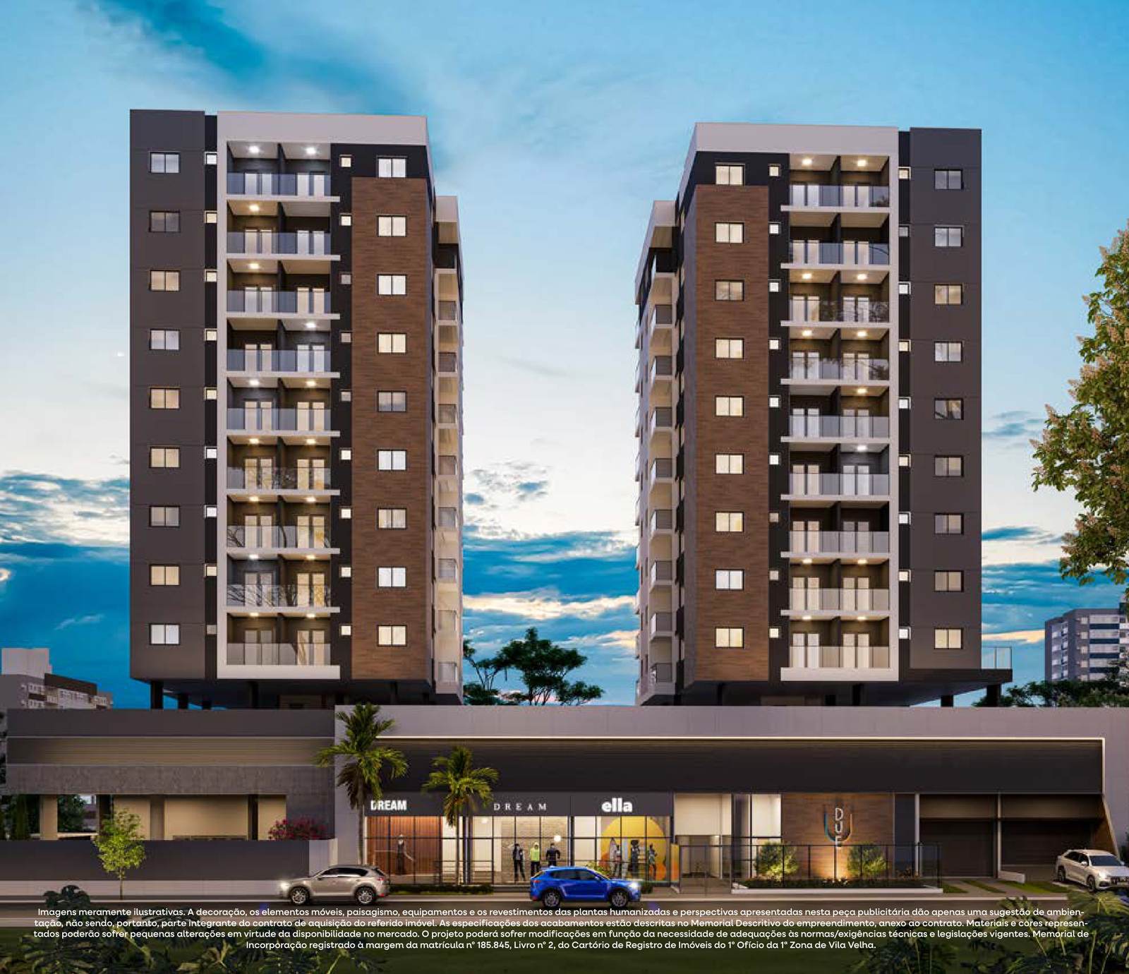 Fachada do Due Home & Living ao entardecer, duas torres com varandas iluminadas