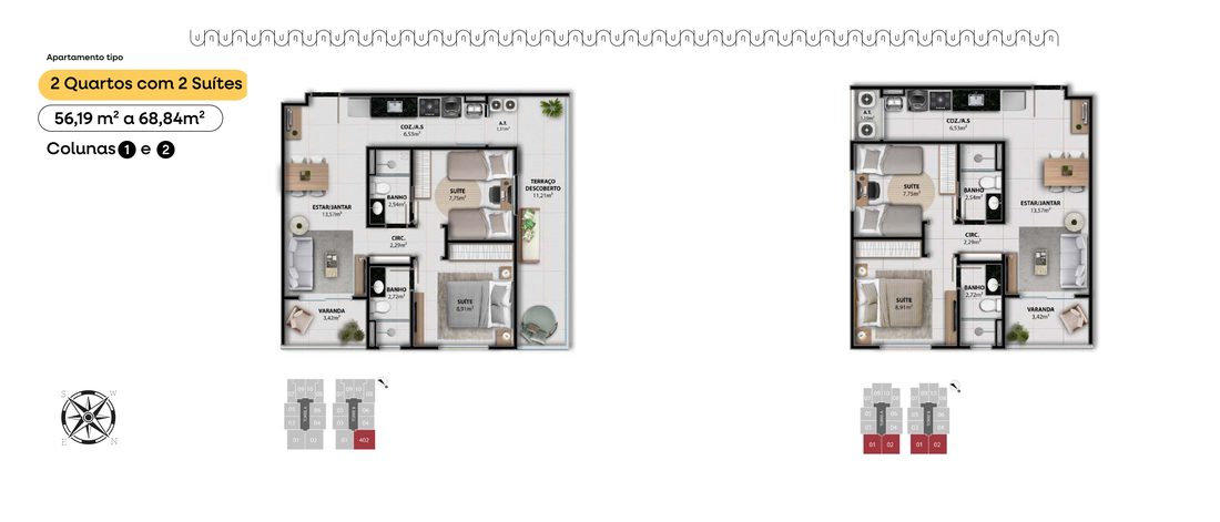 Planta do apartamento de 2 quartos com 2 suítes