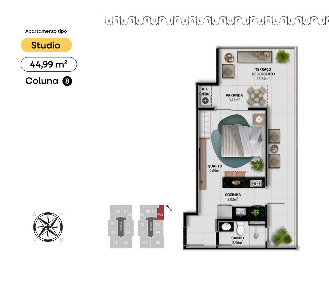 Planta do Studio Garden de 32,17 m²
